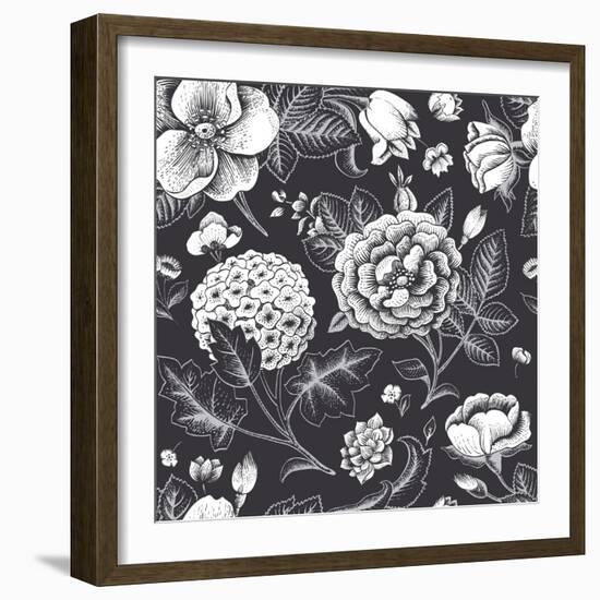 Beautiful Vintage Floral Seamless Pattern. Garden Roses, Hydrangea and Dog-Rose Flower on a Black B-Olga Korneeva-Framed Art Print