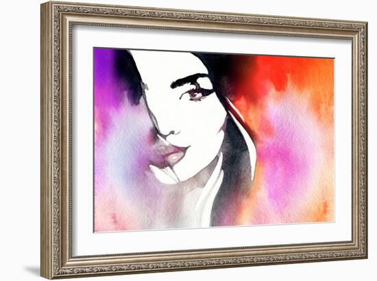 Beautiful Woman Face. Abstract Fashion Watercolor Illustration-Anna Ismagilova-Framed Art Print