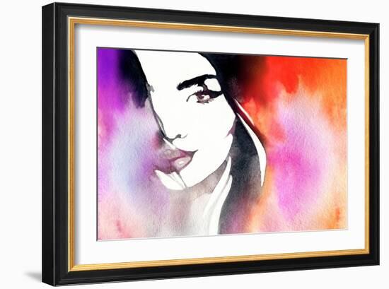 Beautiful Woman Face. Abstract Fashion Watercolor Illustration-Anna Ismagilova-Framed Art Print