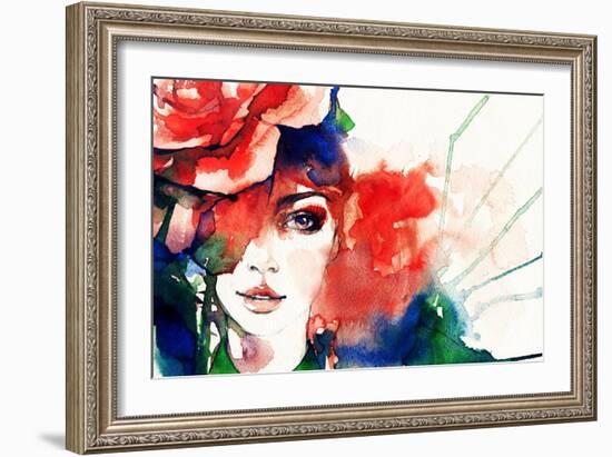 Beautiful Woman Face. Watercolor Illustration-Anna Ismagilova-Framed Art Print