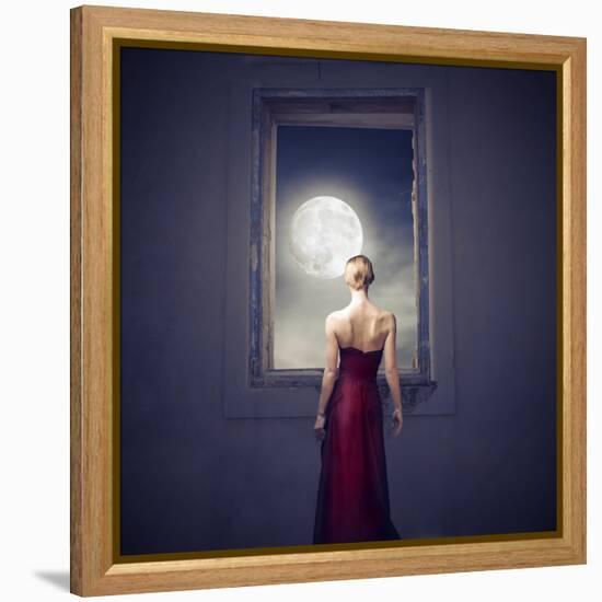 Beautiful Woman Observing the Moon from a Window-olly2-Framed Stretched Canvas