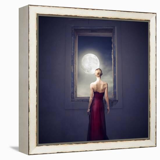 Beautiful Woman Observing the Moon from a Window-olly2-Framed Stretched Canvas