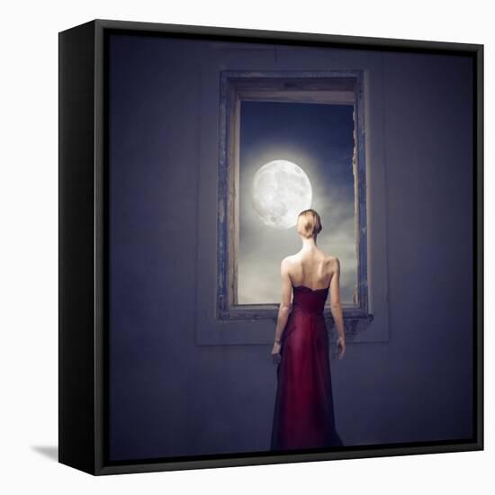 Beautiful Woman Observing the Moon from a Window-olly2-Framed Stretched Canvas