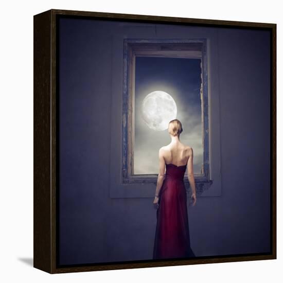Beautiful Woman Observing the Moon from a Window-olly2-Framed Stretched Canvas