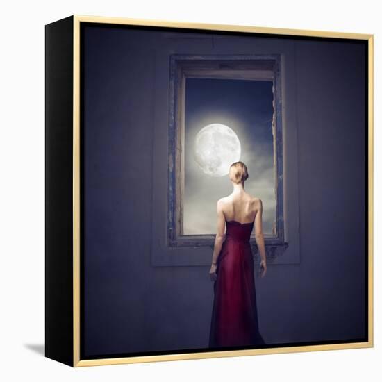 Beautiful Woman Observing the Moon from a Window-olly2-Framed Stretched Canvas