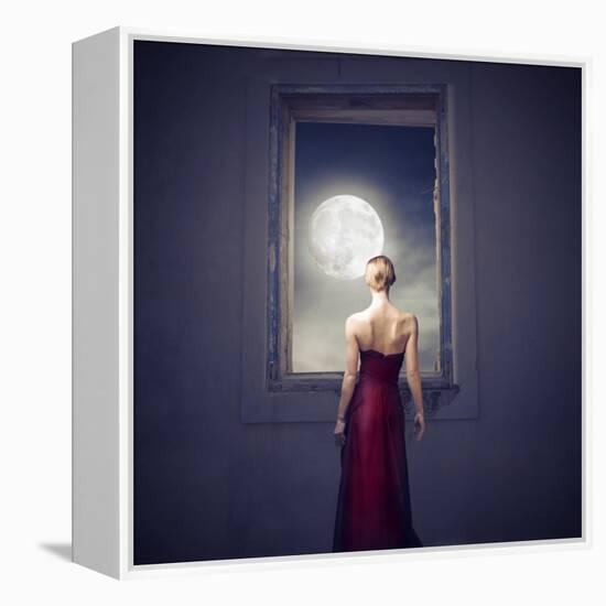 Beautiful Woman Observing the Moon from a Window-olly2-Framed Stretched Canvas