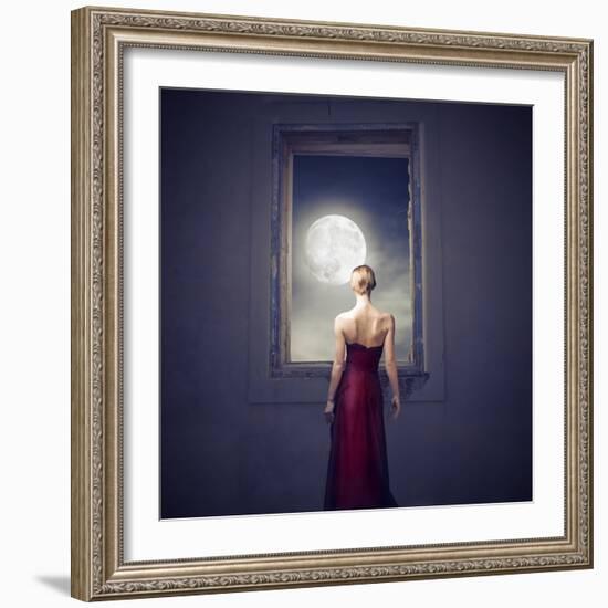 Beautiful Woman Observing the Moon from a Window-olly2-Framed Art Print