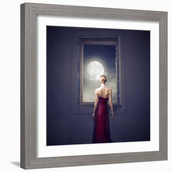 Beautiful Woman Observing the Moon from a Window-olly2-Framed Art Print