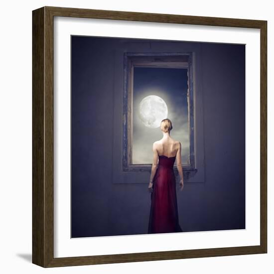 Beautiful Woman Observing the Moon from a Window-olly2-Framed Art Print