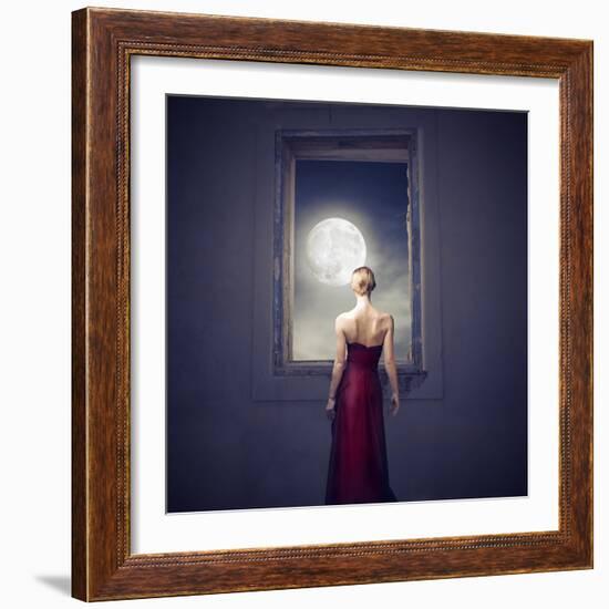 Beautiful Woman Observing the Moon from a Window-olly2-Framed Art Print