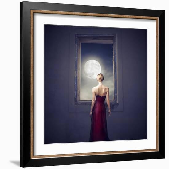 Beautiful Woman Observing the Moon from a Window-olly2-Framed Art Print