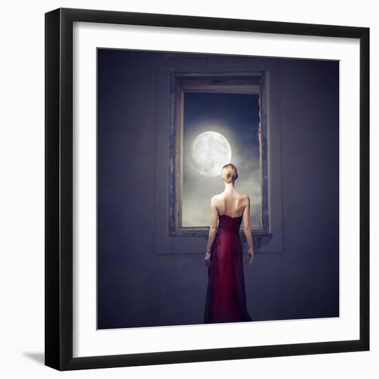 Beautiful Woman Observing the Moon from a Window-olly2-Framed Art Print