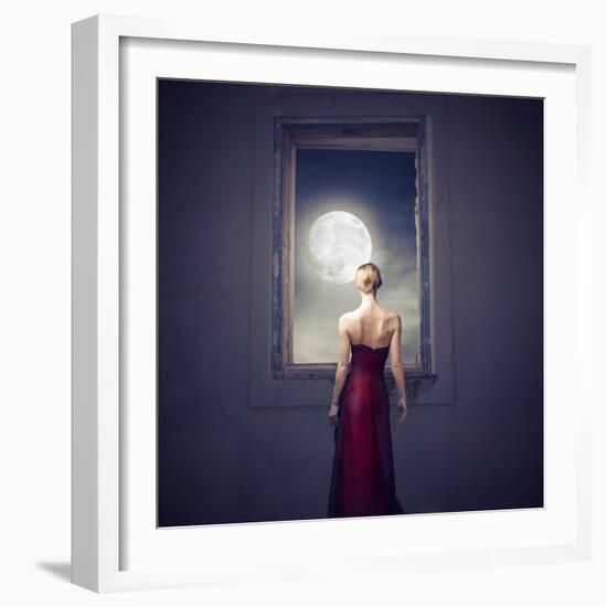 Beautiful Woman Observing the Moon from a Window-olly2-Framed Art Print