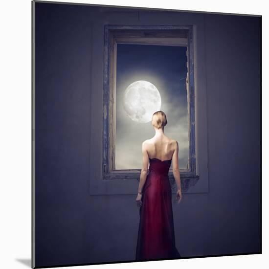 Beautiful Woman Observing the Moon from a Window-olly2-Mounted Art Print