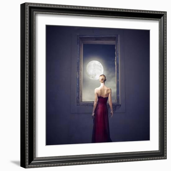 Beautiful Woman Observing the Moon from a Window-olly2-Framed Art Print