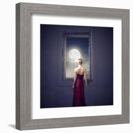 Beautiful Woman Observing the Moon from a Window-olly2-Framed Art Print