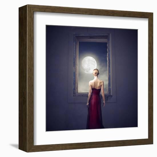 Beautiful Woman Observing the Moon from a Window-olly2-Framed Art Print