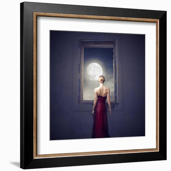 Beautiful Woman Observing the Moon from a Window-olly2-Framed Art Print