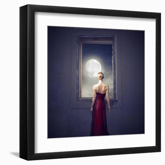 Beautiful Woman Observing the Moon from a Window-olly2-Framed Art Print