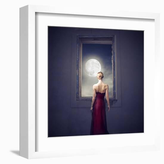 Beautiful Woman Observing the Moon from a Window-olly2-Framed Art Print