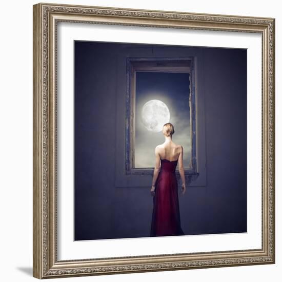 Beautiful Woman Observing the Moon from a Window-olly2-Framed Premium Giclee Print
