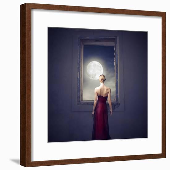 Beautiful Woman Observing the Moon from a Window-olly2-Framed Premium Giclee Print