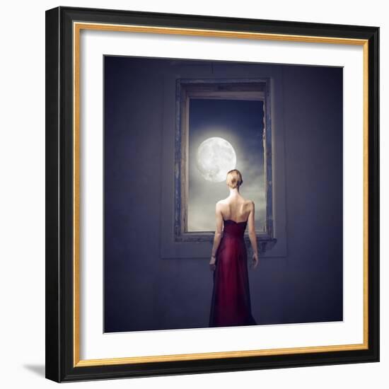 Beautiful Woman Observing the Moon from a Window-olly2-Framed Premium Giclee Print