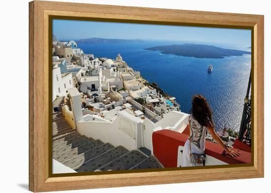 Beautiful Woman on Santorini, Thira Town-ELEN-Framed Premier Image Canvas