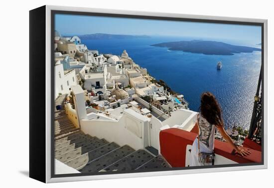 Beautiful Woman on Santorini, Thira Town-ELEN-Framed Premier Image Canvas