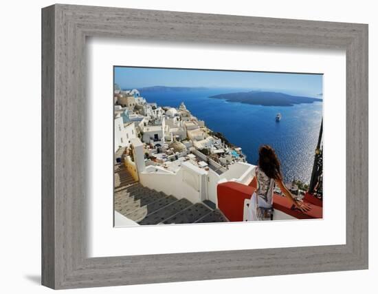 Beautiful Woman on Santorini, Thira Town-ELEN-Framed Photographic Print