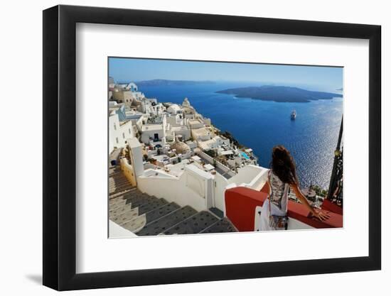 Beautiful Woman on Santorini, Thira Town-ELEN-Framed Photographic Print