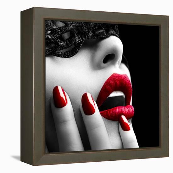 Beautiful Woman with Black Lace Mask over Her Eyes-Subbotina Anna-Framed Premier Image Canvas