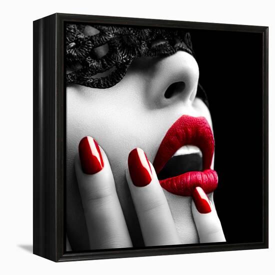 Beautiful Woman with Black Lace Mask over Her Eyes-Subbotina Anna-Framed Premier Image Canvas