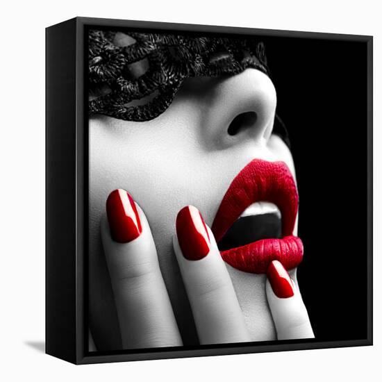 Beautiful Woman with Black Lace Mask over Her Eyes-Subbotina Anna-Framed Premier Image Canvas