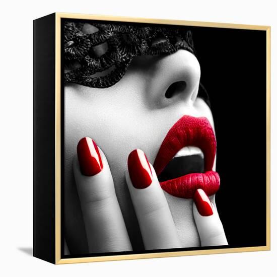 Beautiful Woman with Black Lace Mask over Her Eyes-Subbotina Anna-Framed Premier Image Canvas