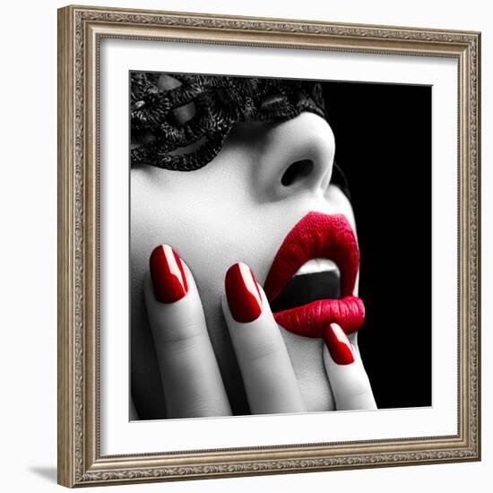 Beautiful Woman with Black Lace Mask over Her Eyes-Subbotina Anna-Framed Photographic Print