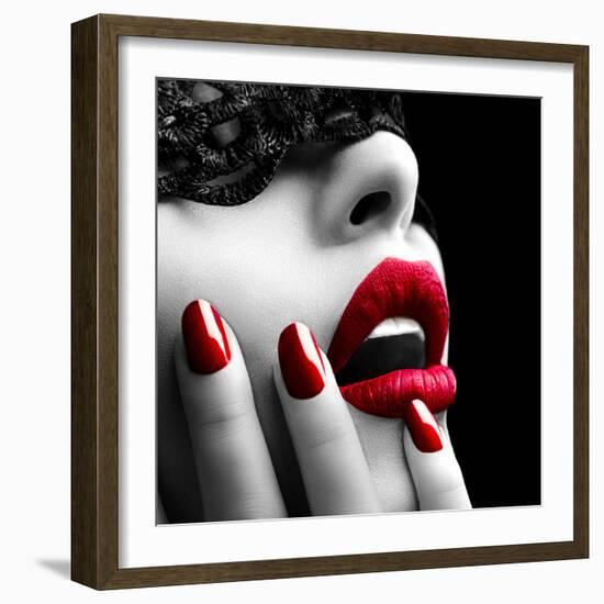 Beautiful Woman with Black Lace Mask over Her Eyes-Subbotina Anna-Framed Photographic Print