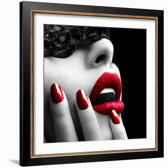 Beautiful Woman with Black Lace Mask over Her Eyes-Subbotina Anna-Framed Photographic Print