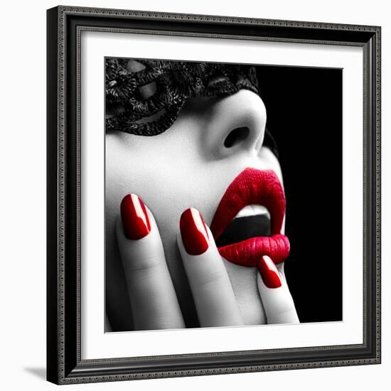 Beautiful Woman with Black Lace Mask over Her Eyes-Subbotina Anna-Framed Photographic Print