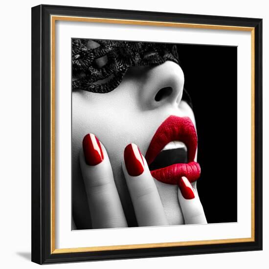 Beautiful Woman with Black Lace Mask over Her Eyes-Subbotina Anna-Framed Photographic Print