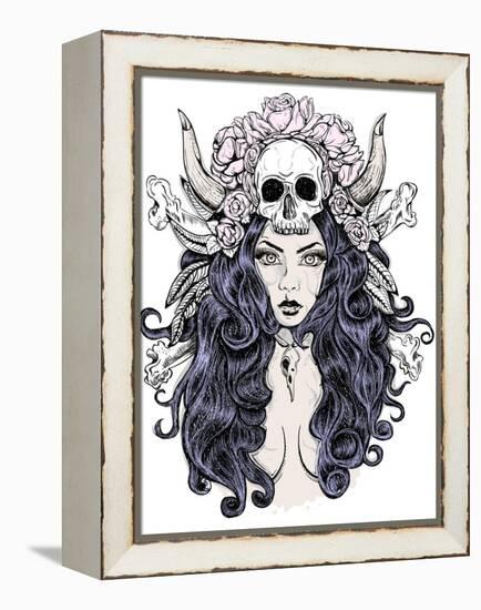 Beautiful Woman with Long Hair and Antlers-LViktoria-Framed Stretched Canvas