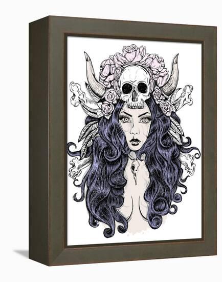 Beautiful Woman with Long Hair and Antlers-LViktoria-Framed Stretched Canvas