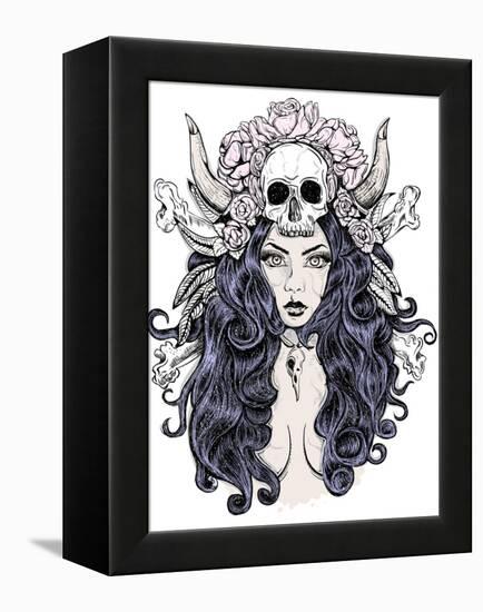 Beautiful Woman with Long Hair and Antlers-LViktoria-Framed Stretched Canvas