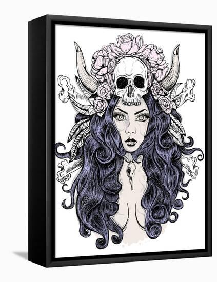 Beautiful Woman with Long Hair and Antlers-LViktoria-Framed Stretched Canvas