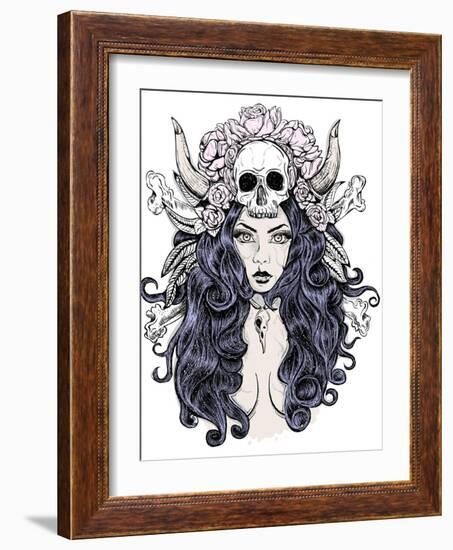 Beautiful Woman with Long Hair and Antlers-LViktoria-Framed Art Print