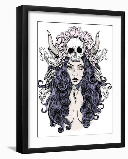 Beautiful Woman with Long Hair and Antlers-LViktoria-Framed Art Print