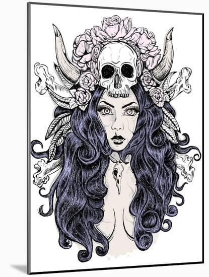 Beautiful Woman with Long Hair and Antlers-LViktoria-Mounted Art Print