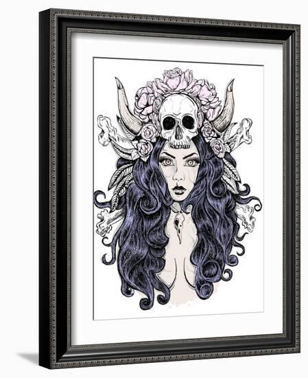 Beautiful Woman with Long Hair and Antlers-LViktoria-Framed Art Print