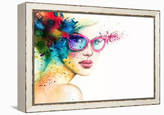 Beautiful Woman with Sunglasses. Abstract Fashion Watercolor Illustration-Anna Ismagilova-Framed Stretched Canvas