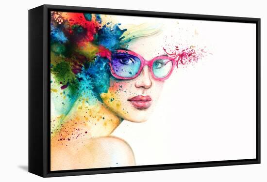 Beautiful Woman with Sunglasses. Abstract Fashion Watercolor Illustration-Anna Ismagilova-Framed Stretched Canvas